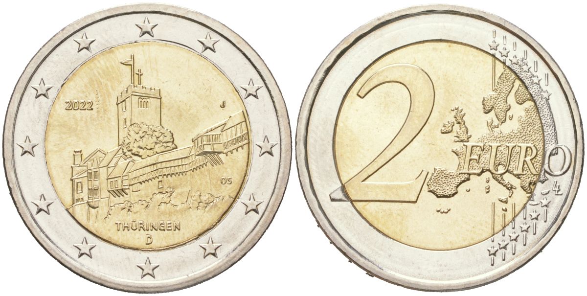 Германия 2 евро 2022 J, Тюрингия, Замок Вартбург KM 411 биметал UNC 4155-122