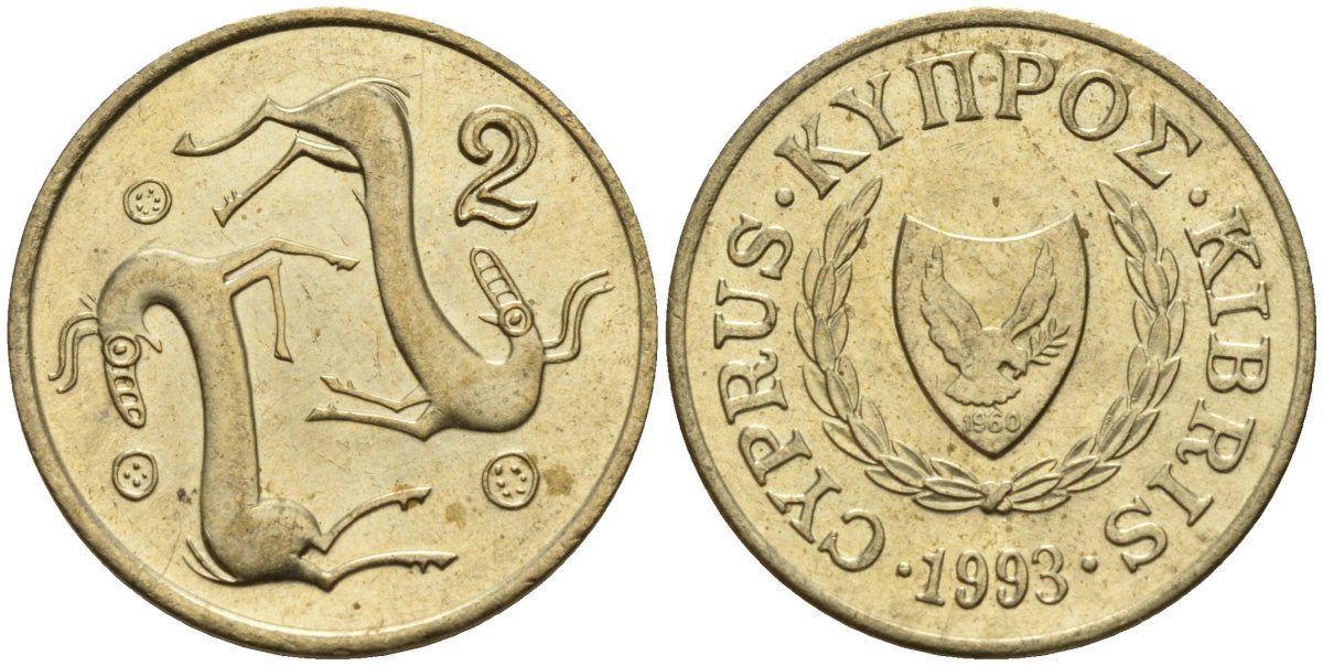 Кипр 2 цента 1993 KM 54.3 никель латунь 4174-1259
