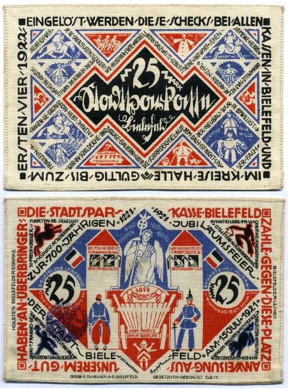 БИЛЕФЕЛЬД, ГЕРМАНИЯ 25 МАРОК 1921 НОТГЕЛЬД, ЗЕМЛЯ СЕВЕРНЫЙ РЕЙН-ВЕСТФАЛИЯ, (15 ИЮЛЯ 1921 - 1 АПРЕЛЯ 1922) ARNOLD KELLER 103.11 шёлк UNC (ПРЕСС) 8518-46-3-2