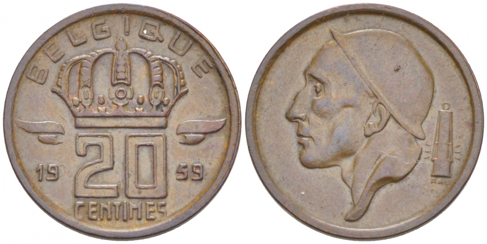 БЕЛЬГИЯ 20 САНТИМОВ 1959 BELGIQUE KM 146 бронза 3718-239