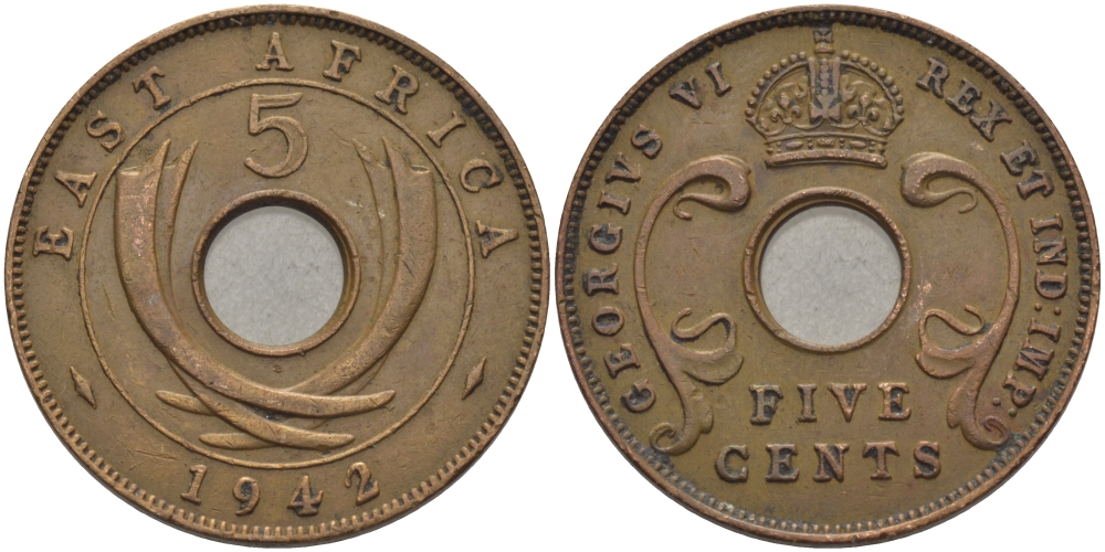 Британская Восточная Африка 5 центов 1942 Георг VI (1936-1952) KM 25.2 бронза 72-131