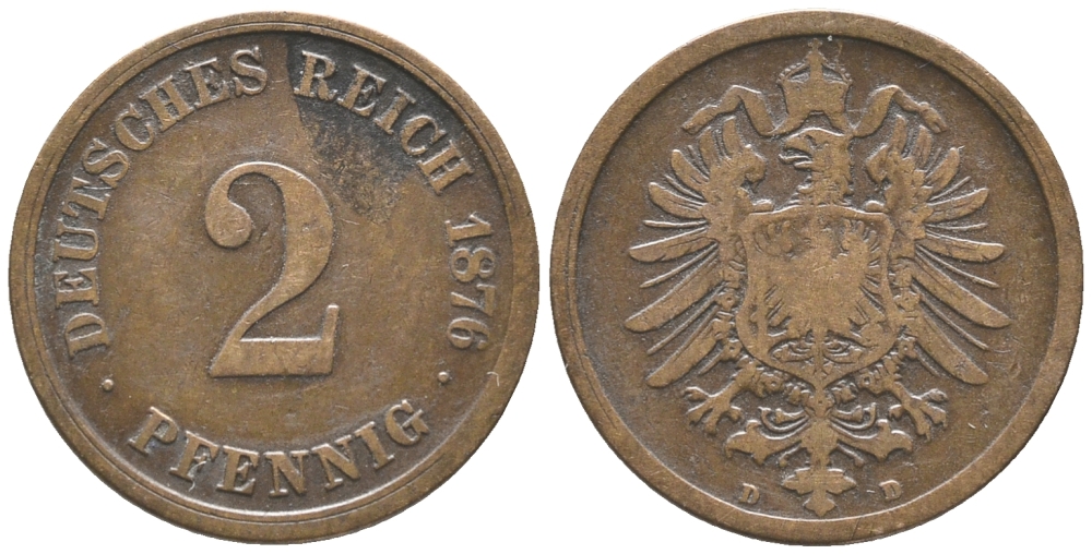 ГЕРМАНИЯ 2 ПФЕННИГА 1876 D, СТАРОГЕРБОВКА KM 2, J. 2 медь 100-917