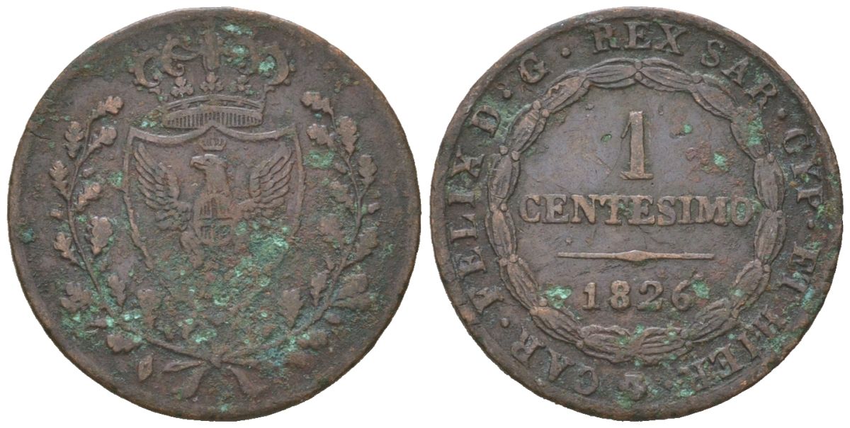 Сардинское королевство (Сардиния) 1 чентезимо 1826 KM 125 медь 4615-824