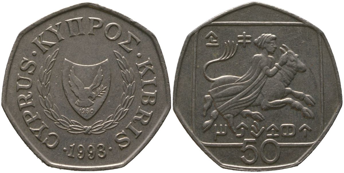 Кипр 50 центов 1993 похищение Европы KM 66 медно-никель 4402-623
