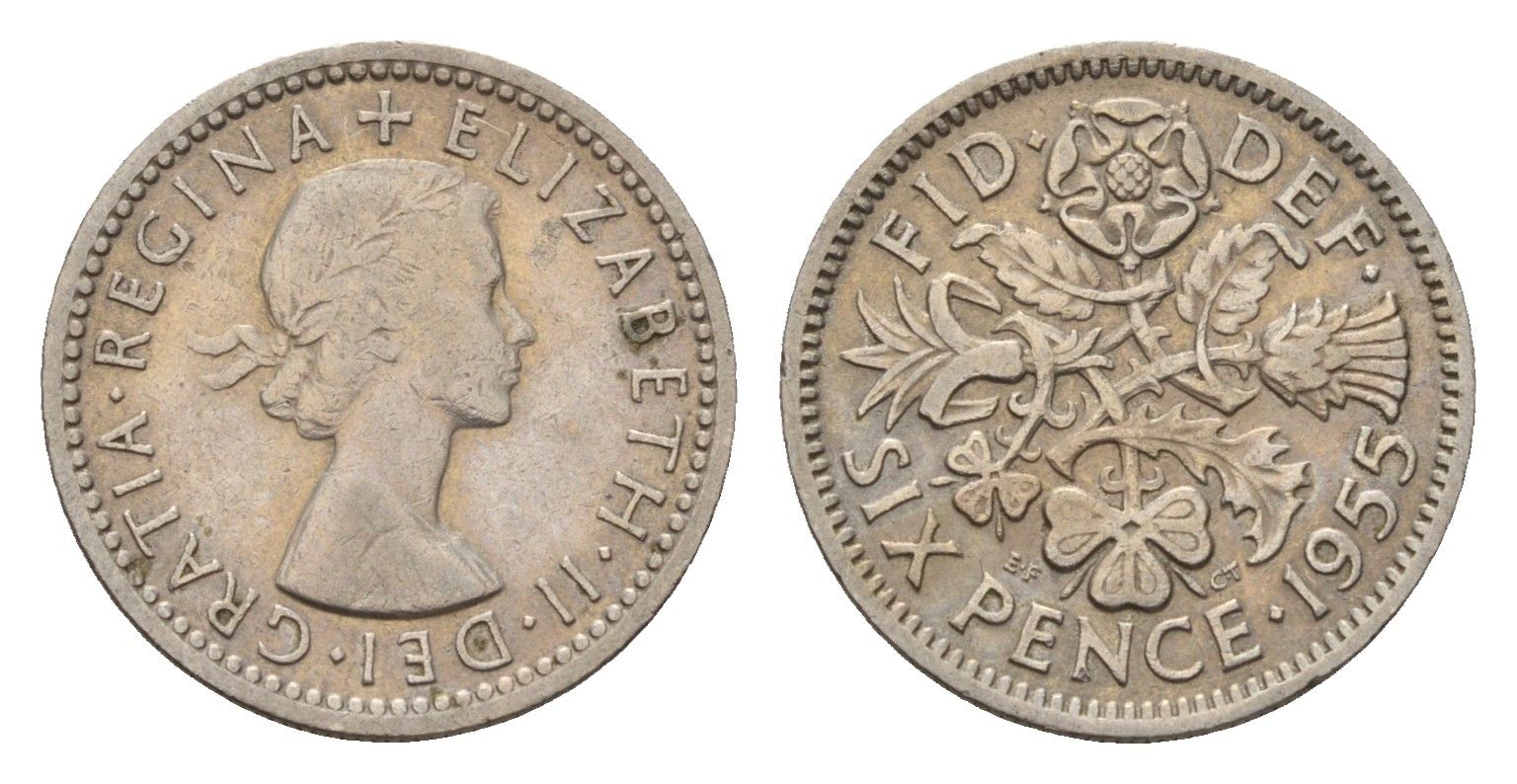 Великобритания 6 пенсов 1955 Елизавета II (1952-2022) KM 903, Spink 4149 медно-никель 206-1239