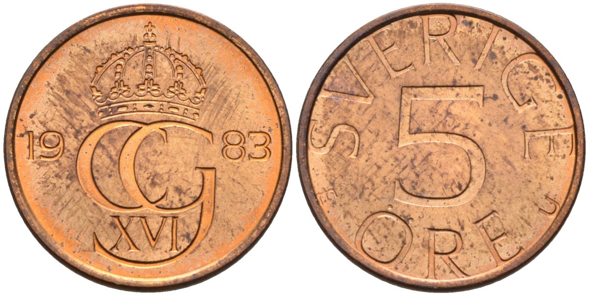 Швеция 5 эре 1983 Карл XVI Густав (1973- ) KM 849 бронза UNC 4585-333
