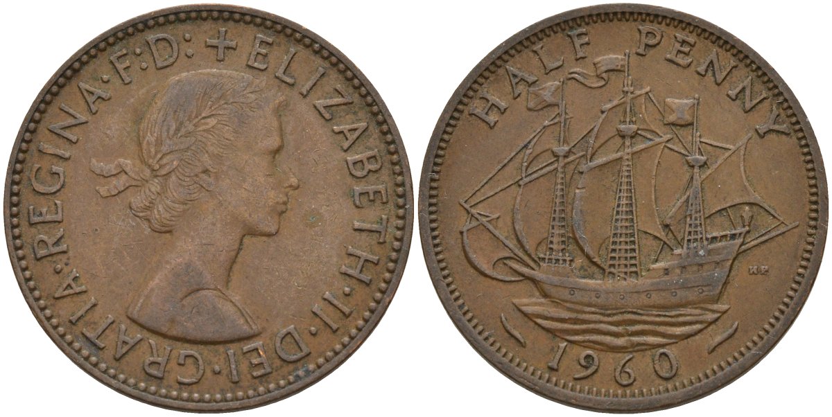 Великобритания 1/2 пенни 1960 Елизавета II (1952-2022) KM 896, Spink 4158 бронза 4146-257