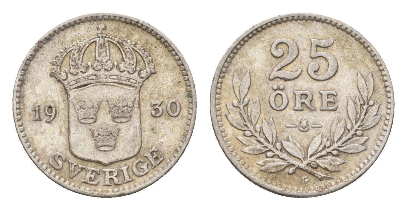 Швеция 25 эре 1930 Густав V (1907-1950) KM 785 серебро 4124-829