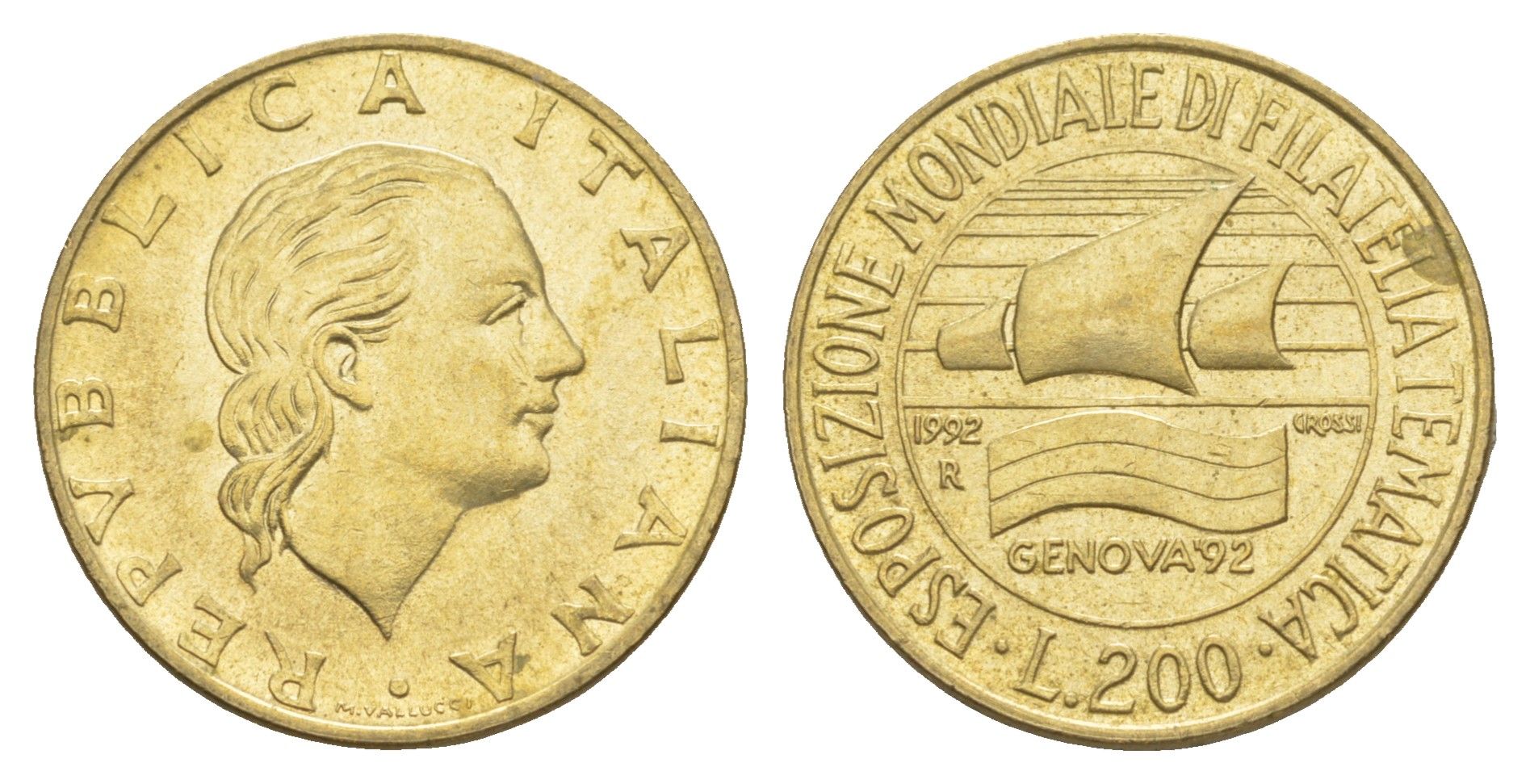 Италия 200 лир 1992 Выставка марок в Генуе KM 151 алюминиевая бронза UNC 4650-1227