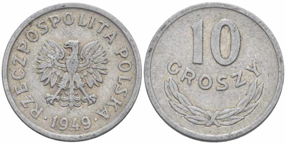 ПОЛЬША 10 ГРОШЕЙ 1949 KM 42а алюминий 105-726