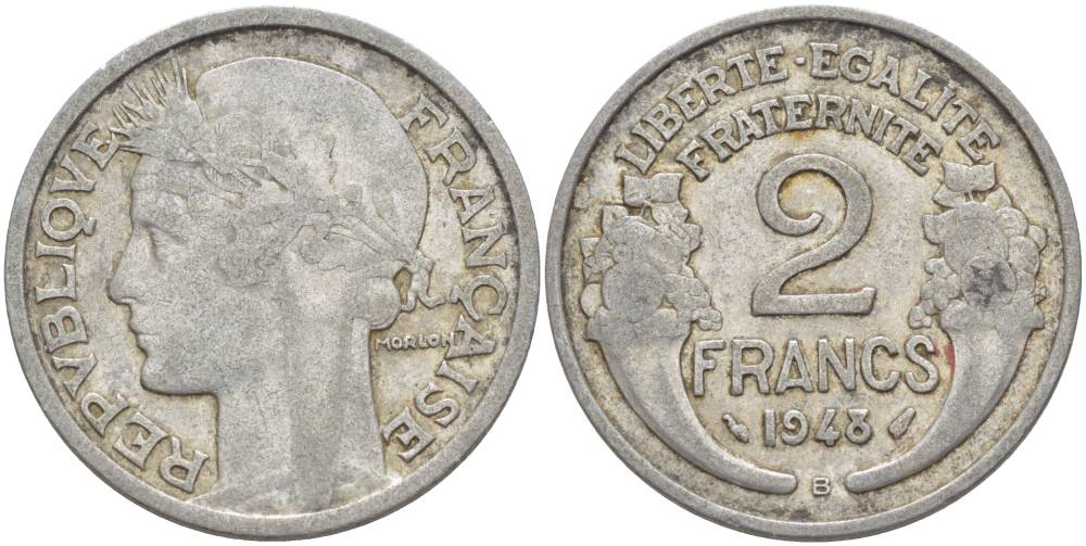Франция 2 франка 1948 B, ТИП MORLON KM 886а.2, LE FRANC 269.13 алюминий 4183-1213