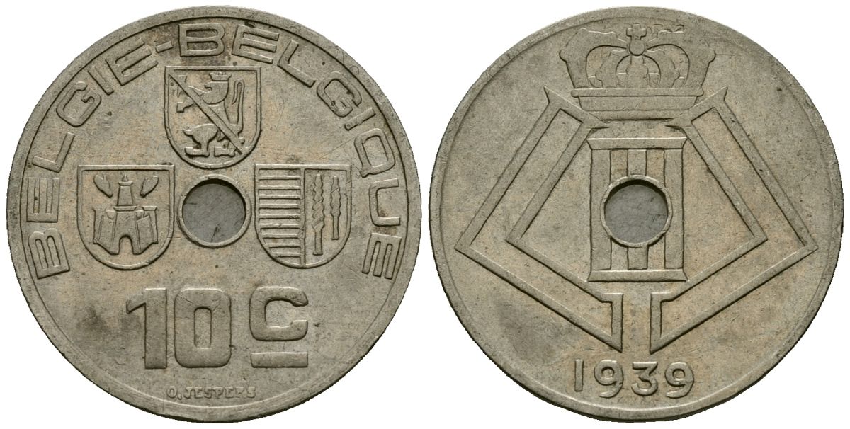 Бельгия 10 сантимов 1939 Belgie - Belgique KM 113 никель латунь 4121-613