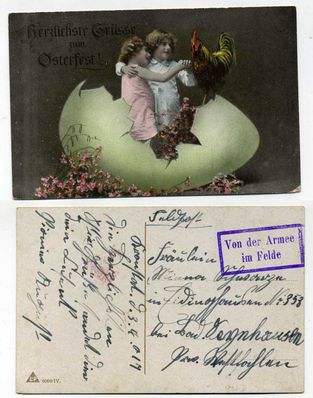 ГЕРМАНИЯ ОТКРЫТКА 1916 I-АЯ МИРОВАЯ ВОЙНА, С ПРАЗДНИКОМ ПАСХИ, ПИСЬМО бумага 2193-15