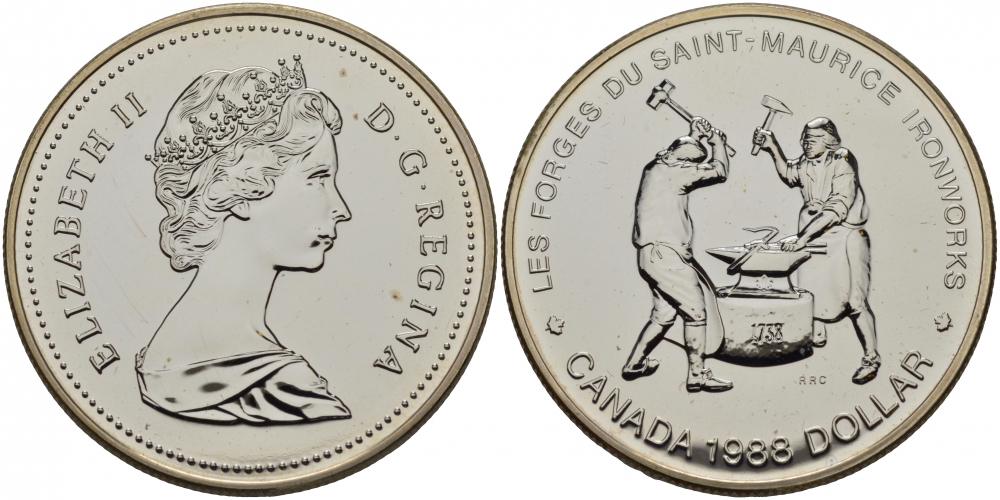 Канада 1 доллар 1988 250 лет кузницам Сен-Мориса, Елизавета II (1952-) KM 161 серебро UNC 1077-9-33