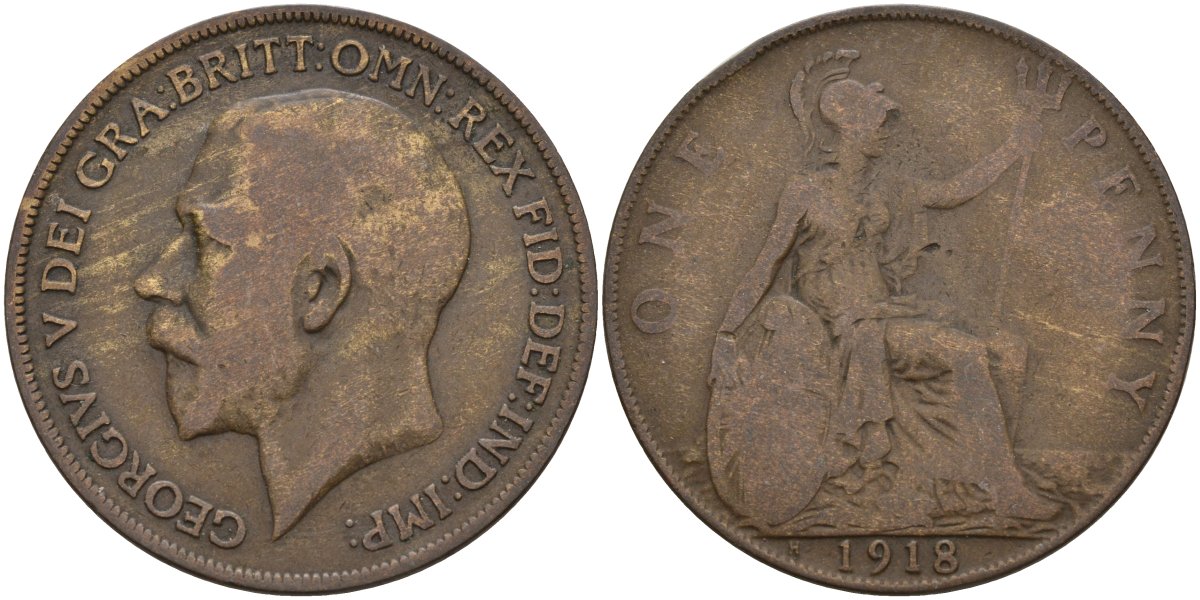 Великобритания 1 пенни 1918 Георг V (1910-1936) KM 810, Spink 4051 бронза 4144-821