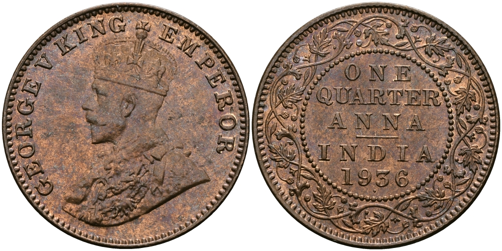 Британская Индия 1/4 анна 1936 Георг V (1910-1936) KM 512 бронза UNC 94-251
