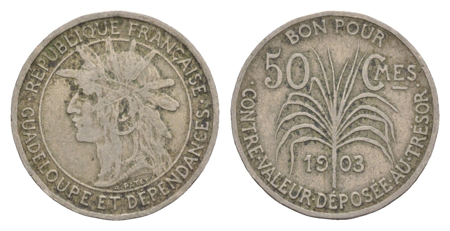 Гваделупа 50 сантимов 1903 KM 45 медно-никель 1525-1141