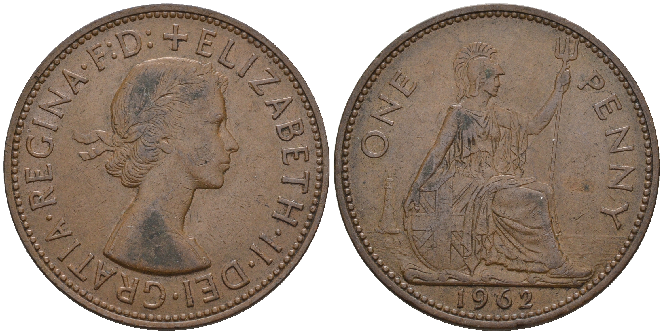 Великобритания 1 пенни 1962 Елизавета II (1952-2022) KM 897, Spink 4157 бронза 4607-1133