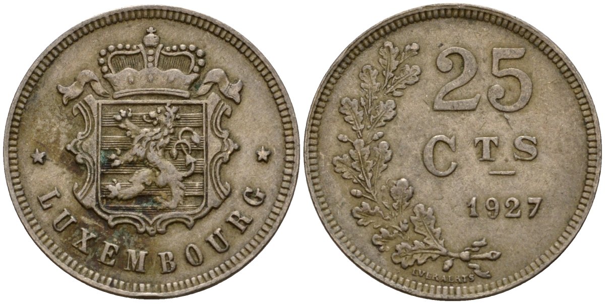 Люксембург 25 сантимов 1927 Шарлотта (1918-1964) KM 37 медно-никель 4122-516