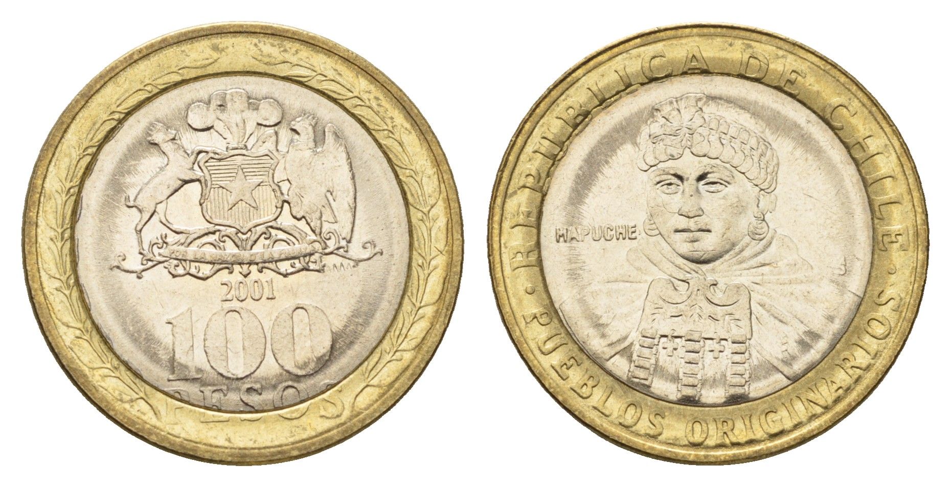 Чили 100 песо 2001 индейцы Мапуче KM 236 биметалл UNC 4695-1137
