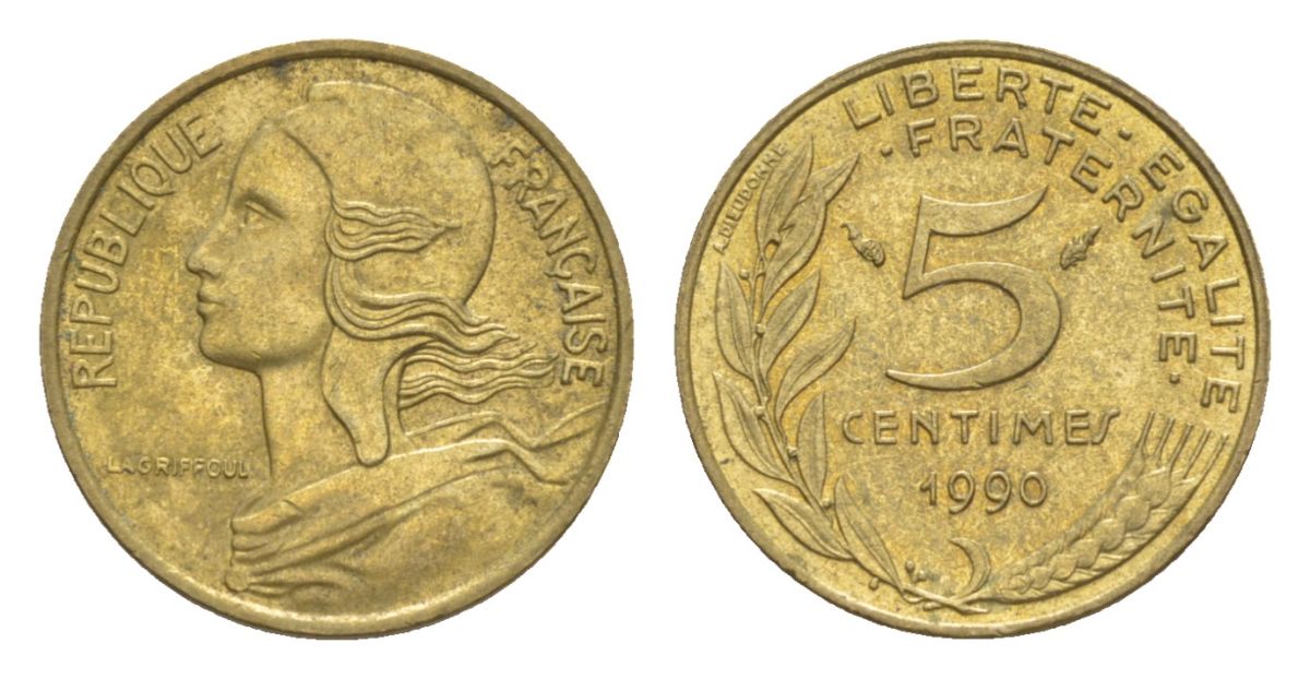 Франция 5 сантимов 1990 тип Morlon KM 933, Le Franc 125.26 алюминиевая бронза 4630-345