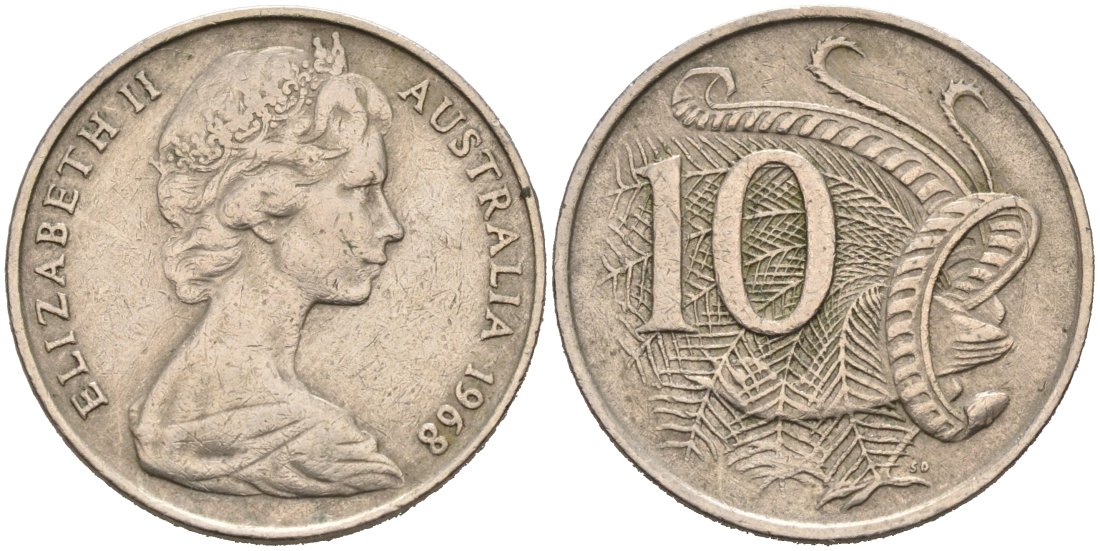 Австралия 10 центов 1968 Елизавета II (1952-), птица лирахвост KM 65 медно-никель 190-823