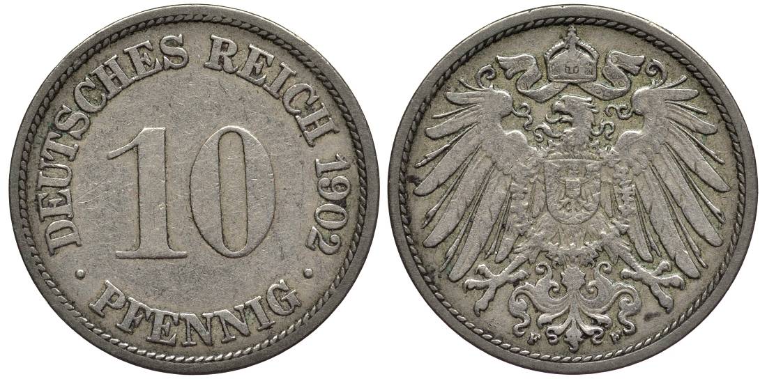 Германия 10 пфеннигов 1902 F KM 12, Jager 13, Weege 8 медно-никель 219-351