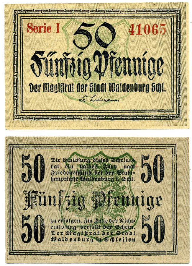 Вальденбург 50 пфеннигов 1918 полгода после мира, нотгельд, земля Силезия, серия 1 Grabowski W3.13 бумага 2193-18-3-1