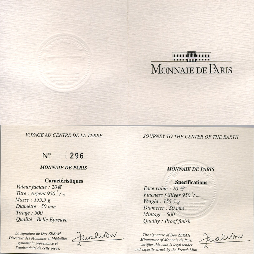 Франция 20 евро 2006 Жюль Верн Путешествие к центру земли 155 гр. серебро PROOF 00-000-00