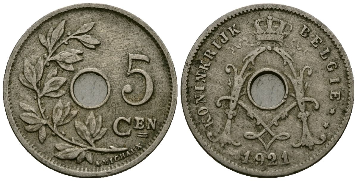 Бельгия 5 сантимов 1921 Belgie KM 67 медно-никель 4173-228