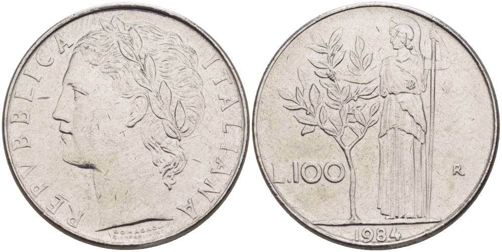 ИТАЛИЯ 100 ЛИР 1984 R, АФИНА У ОЛИВКОВОГО ДЕРЕВА KM 96.1 нержавеющая сталь 4545-725