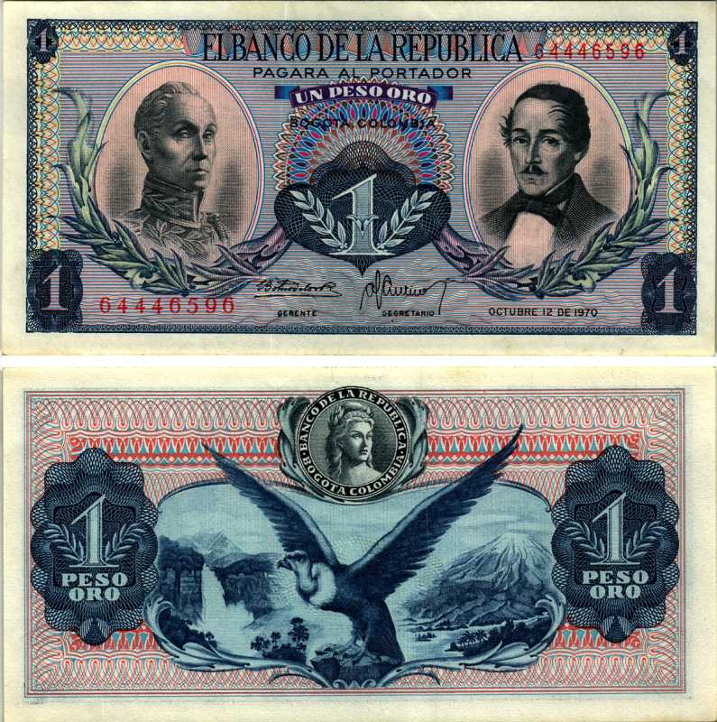 Колумбия 1 песо 1970 Симон Боливар, генерал Франсиско де Паула Сантандер, 12 октября 1970 Pick 404e бумага UNC (пресс) 7219-48-2-2