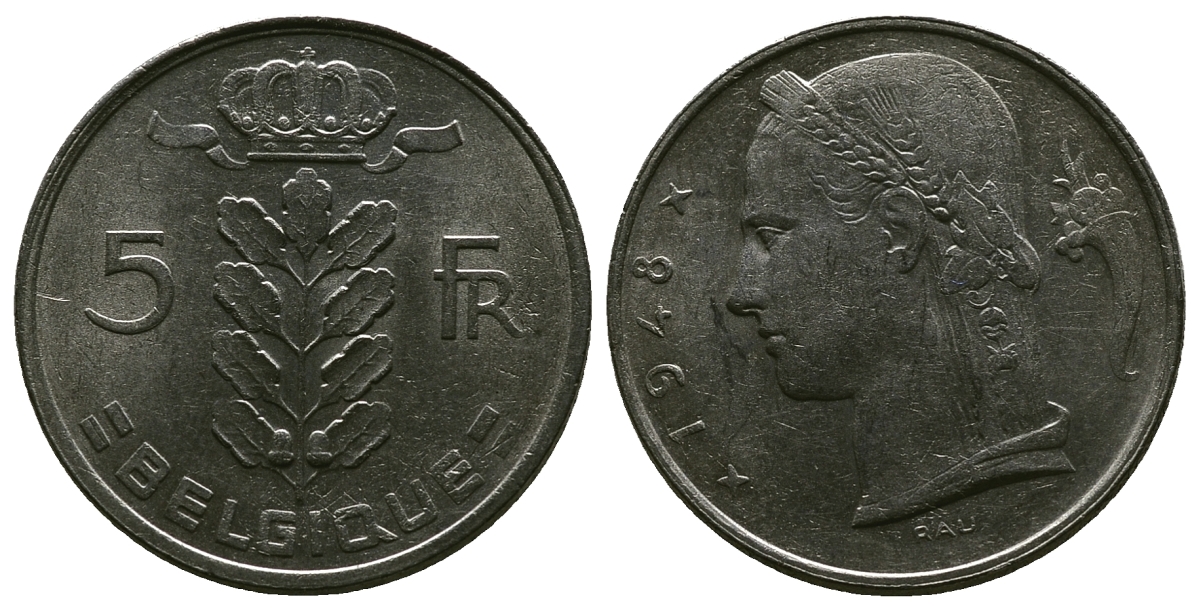 БЕЛЬГИЯ 5 ФРАНКОВ 1948 BELGIQUE KM 134.1 медно-никель 4384-735