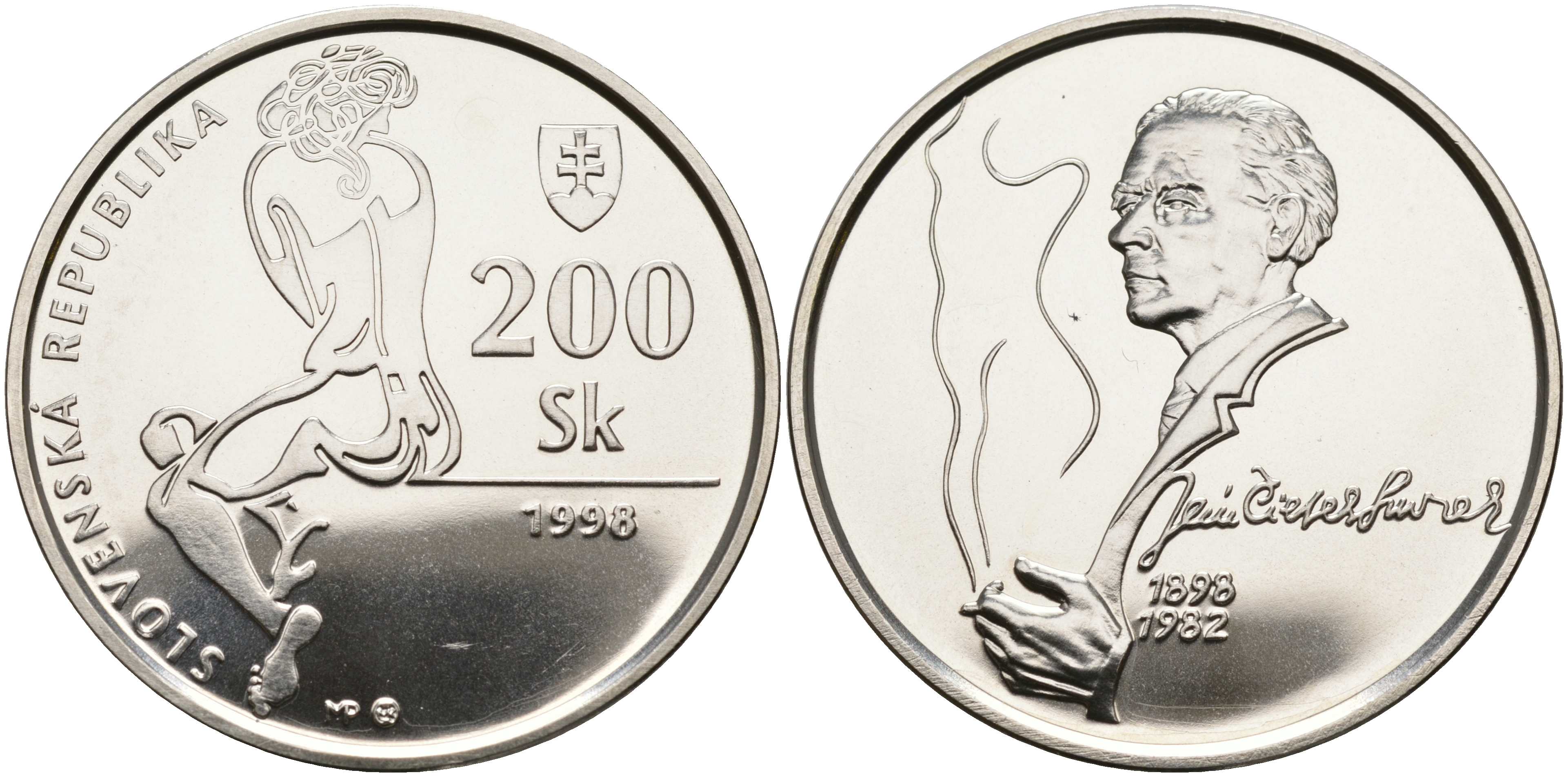 Словакия 200 крон 1998 100 лет со дня рождения Яна Смрека (1898-1982) KM 45 серебро UNC 00-00