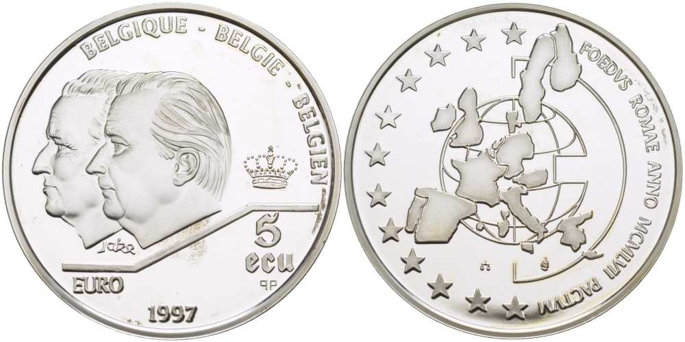 Бельгия 5 экю 1997 40 лет Римскому договору, портреты Альберта II и Бодуэна KM 205 серебро PROOF 11-173-34