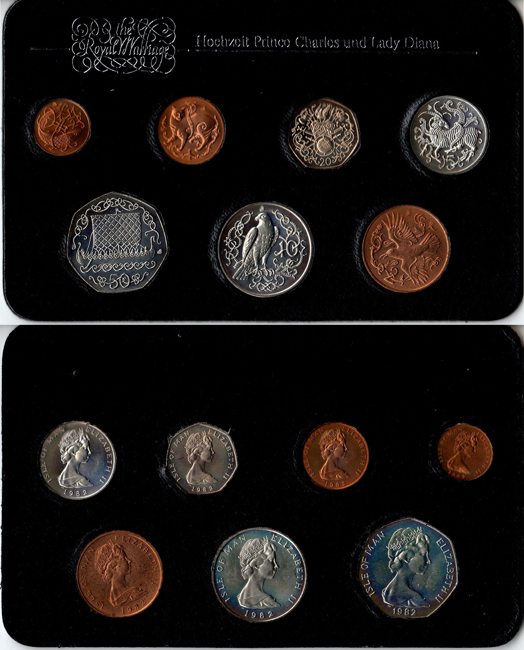 Остров Мэн набор из 7 монет (1/2, 1, 2, 5, 10, 20 и 50 пенсов) 1982 в оригинальной банковской упаковке 58, 59, 60, 61, 62, 70.2 и 90 UNC 1-6-2-51