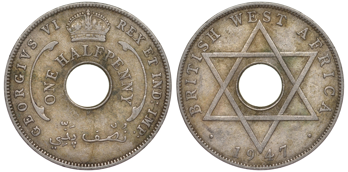 Британская Западная Африка 1/2 пенни 1947 H, Георг VI KM 18 медно-никель 25-2354