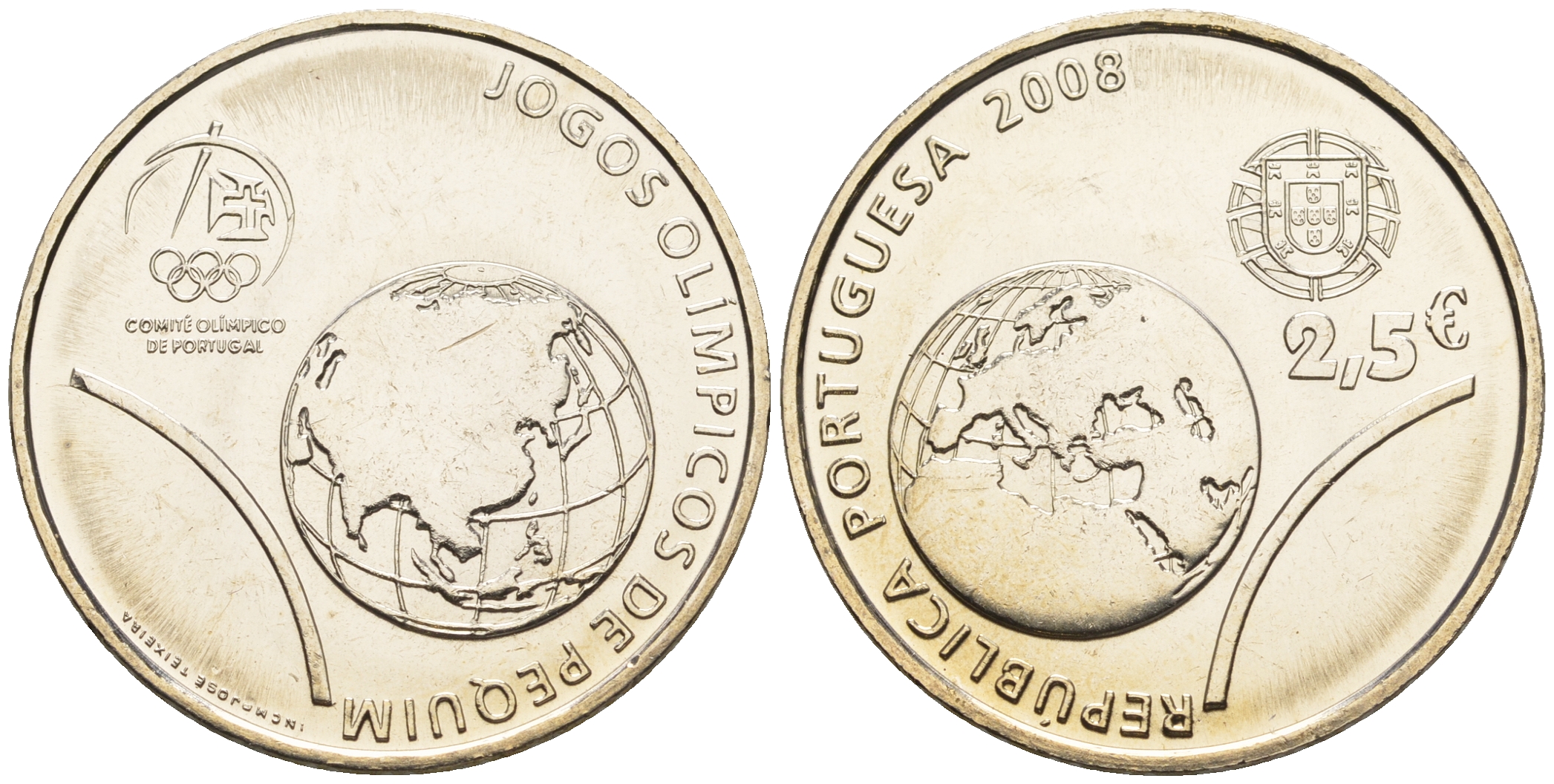 Португалия 2 1/2 евро 2008 XXIX Летние Олимпийские игры 2008 года в Пекине, земной шар KM 790 медно-никель UNC 1096-3-13