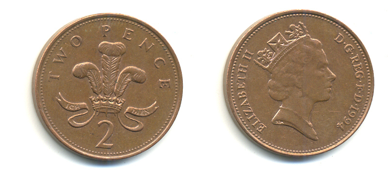 Великобритания 2 пенса 1994 Елизавета II (1952-2022) KM 936а, Spink 4386 (C4) сталь плакированная медью 177-841