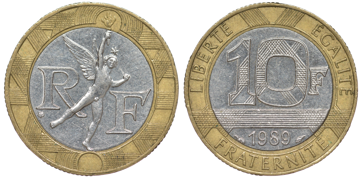 Франция 10 франков 1989 тип гений Бастилии KM 964.1, Le Franc 375.3 биметалл 45-616