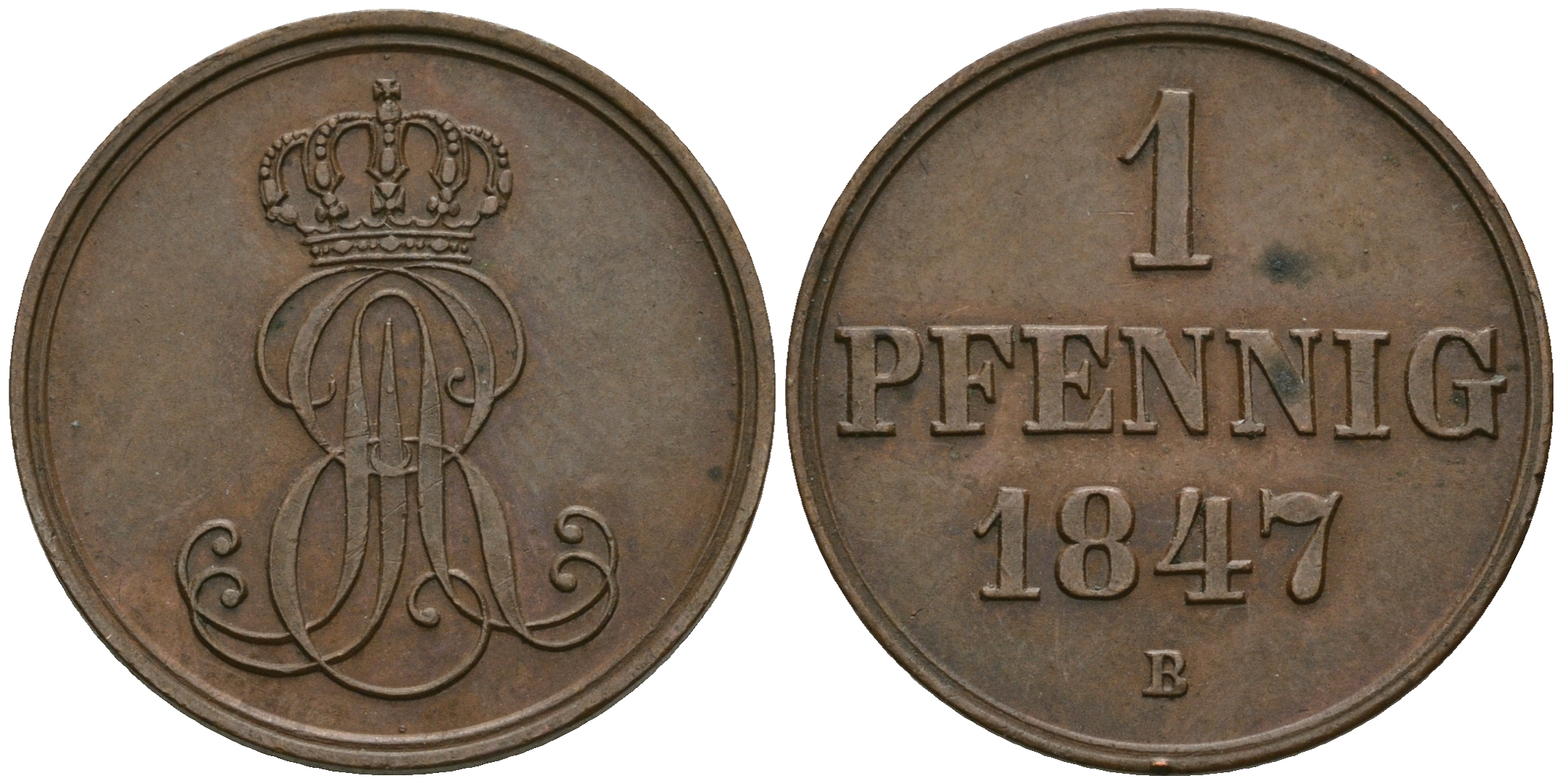 Ганновер 1 пфенниг 1847 B, Эрнст Август (1837-1851) KM 201.1, AKS 129, J. 74 медь 08-1356