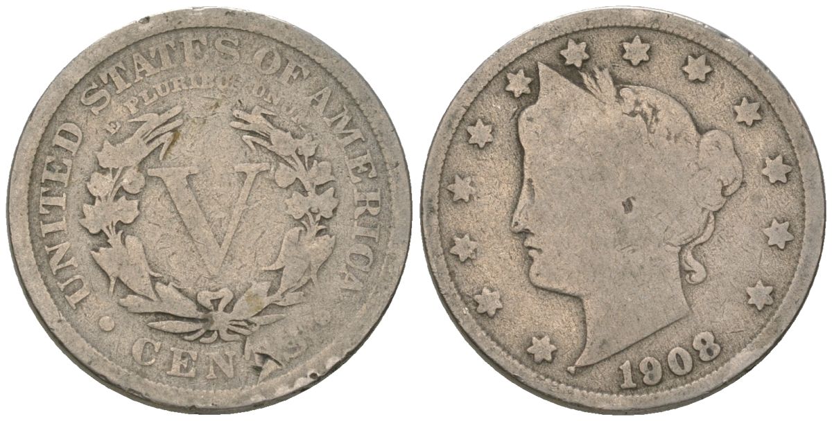 США 5 центов 1908 голова свободы KM 112 медно-никель 3336-226