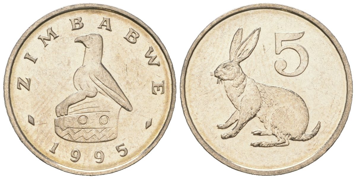 Зимбабве 5 центов 1995 рыжий кролик KM 2 медно-никель UNC 4615-1146