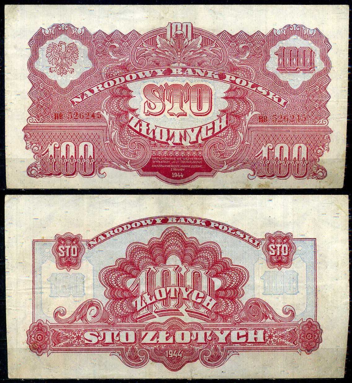 Польша 100 злотых 1944 OBOWIAZKOWE Pick 117 бумага 8604-40-3-2