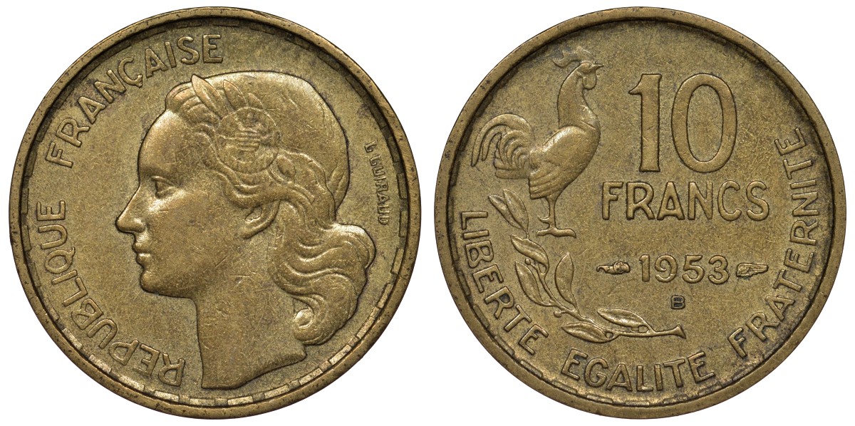 Франция 10 франков 1953 В, петух KM 915.2, Le Franc 363.9 алюминиевая бронза 4128-456