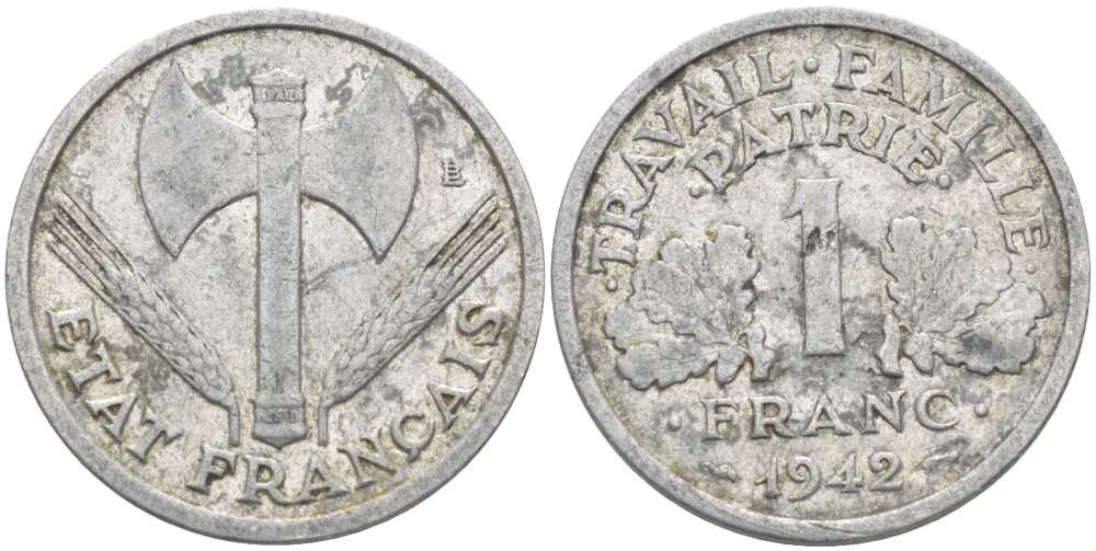 ФРАНЦИЯ 1 ФРАНК 1942 LB, ТИП LOURDЕ, ПРАВИТЕЛЬСТВО ВИШИ KM 902.1, LE FRANC 222.2 алюминий 175-441