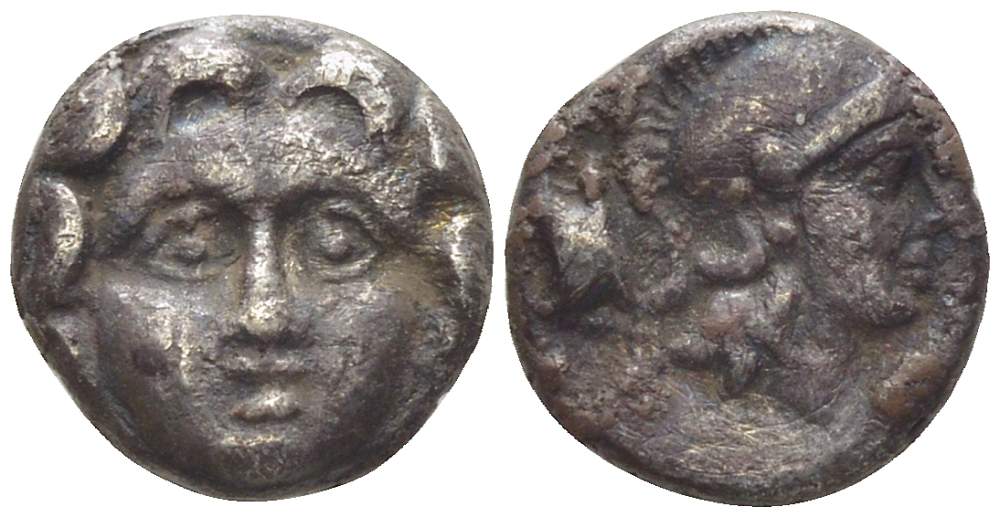 Писидия, Селге диобол 300-200 гг. до н.э. голова горгоны Медузы / голова Афины, слева астрагал, 1,11 гр SNG von Aulock 5278 серебро 1073-11-92