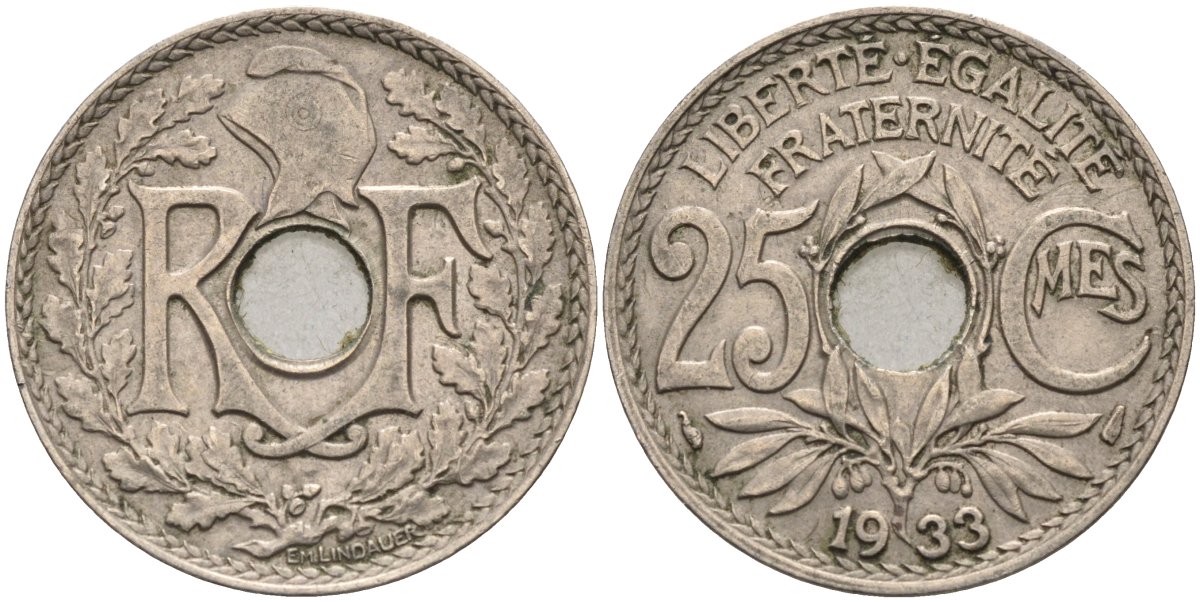 Франция 25 сантимов 1933 тип Линдауэр KM 867a, Le Franc 171 медно-никель 4584-441