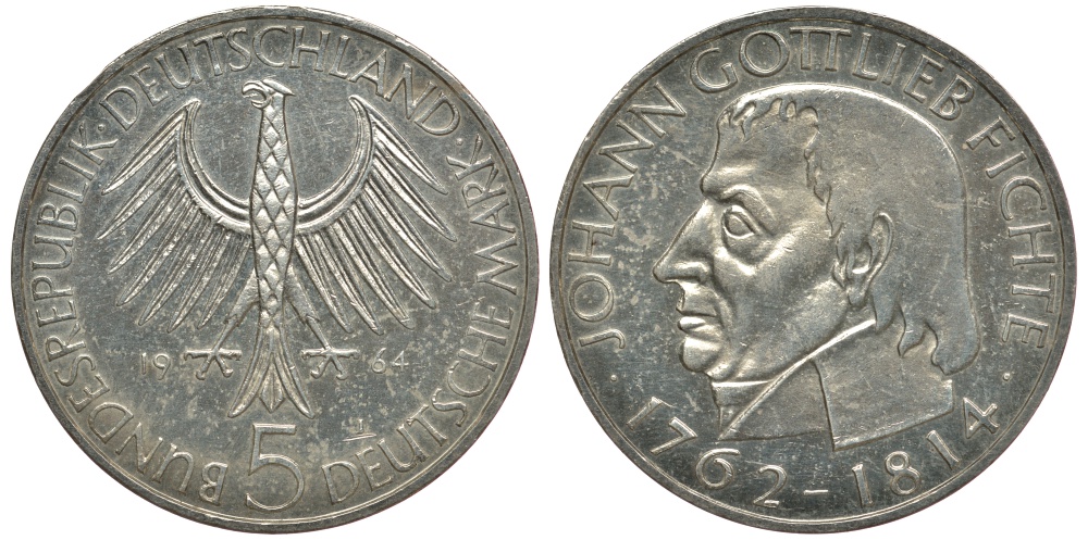 ФРГ 5 марок 1964 J, 150 лет со дня смерти Иоганна Готлиба Фихте J. 393, KM 118.1 серебро UNC 3896-1234