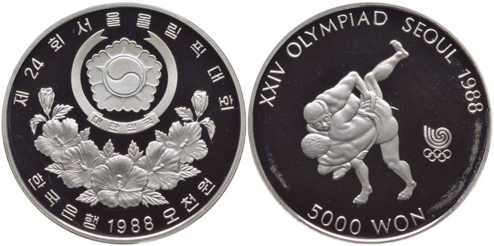 Южная Корея 5000 вон 1988 XXIV Летние Олимпийские игры в Сеуле 1988 года, вольная борьба KM 70 серебро PROOF 1076-10-63